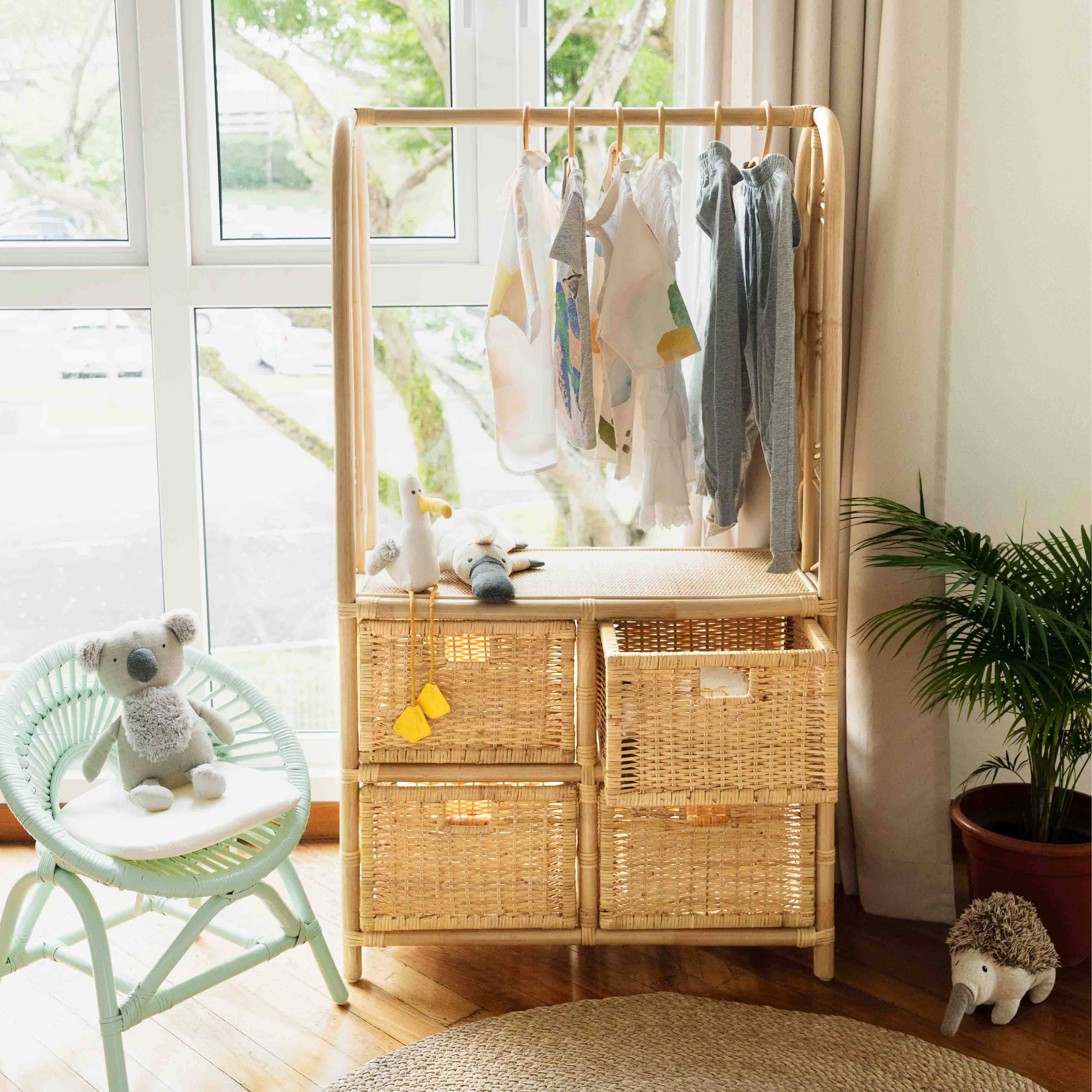 Rattan Clothes Rack with 4 Drawers