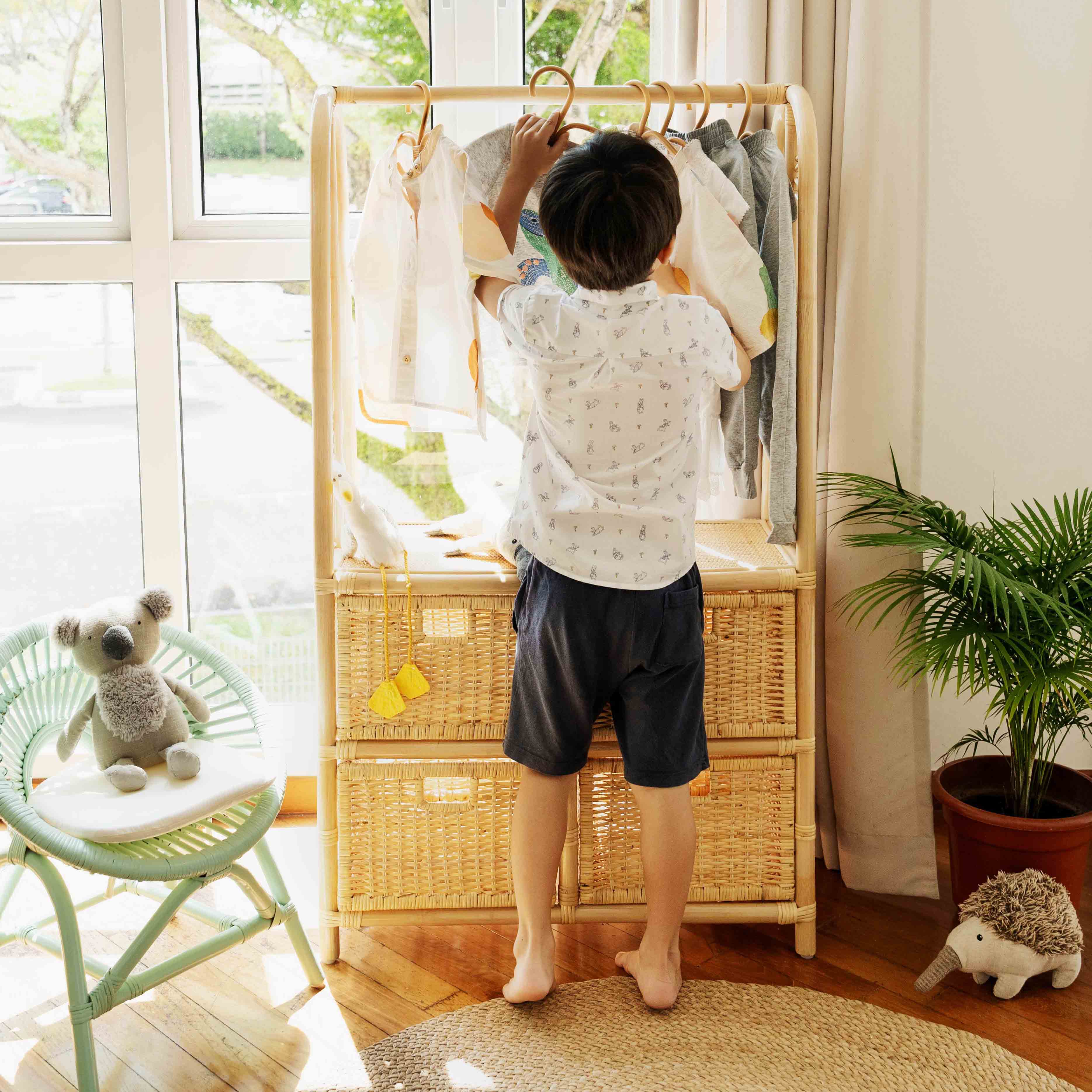 Rattan Clothes Rack with 4 Drawers