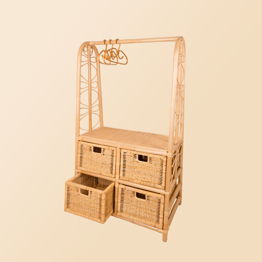 Rattan Clothes Rack with 4 Drawers